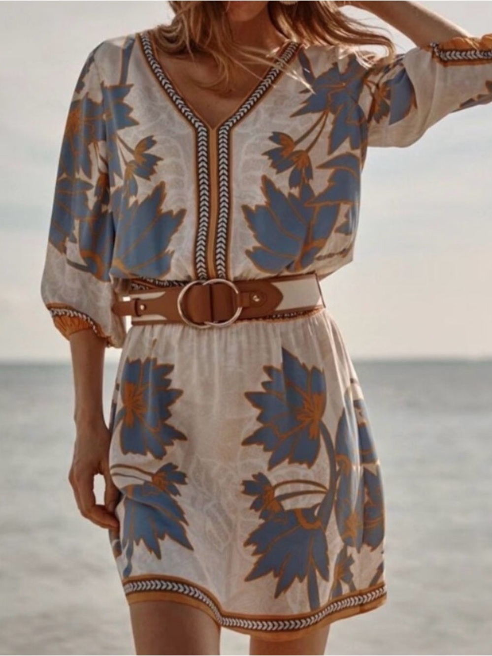 White House Black Market Cream Dress with Blue and Brown Floral Print